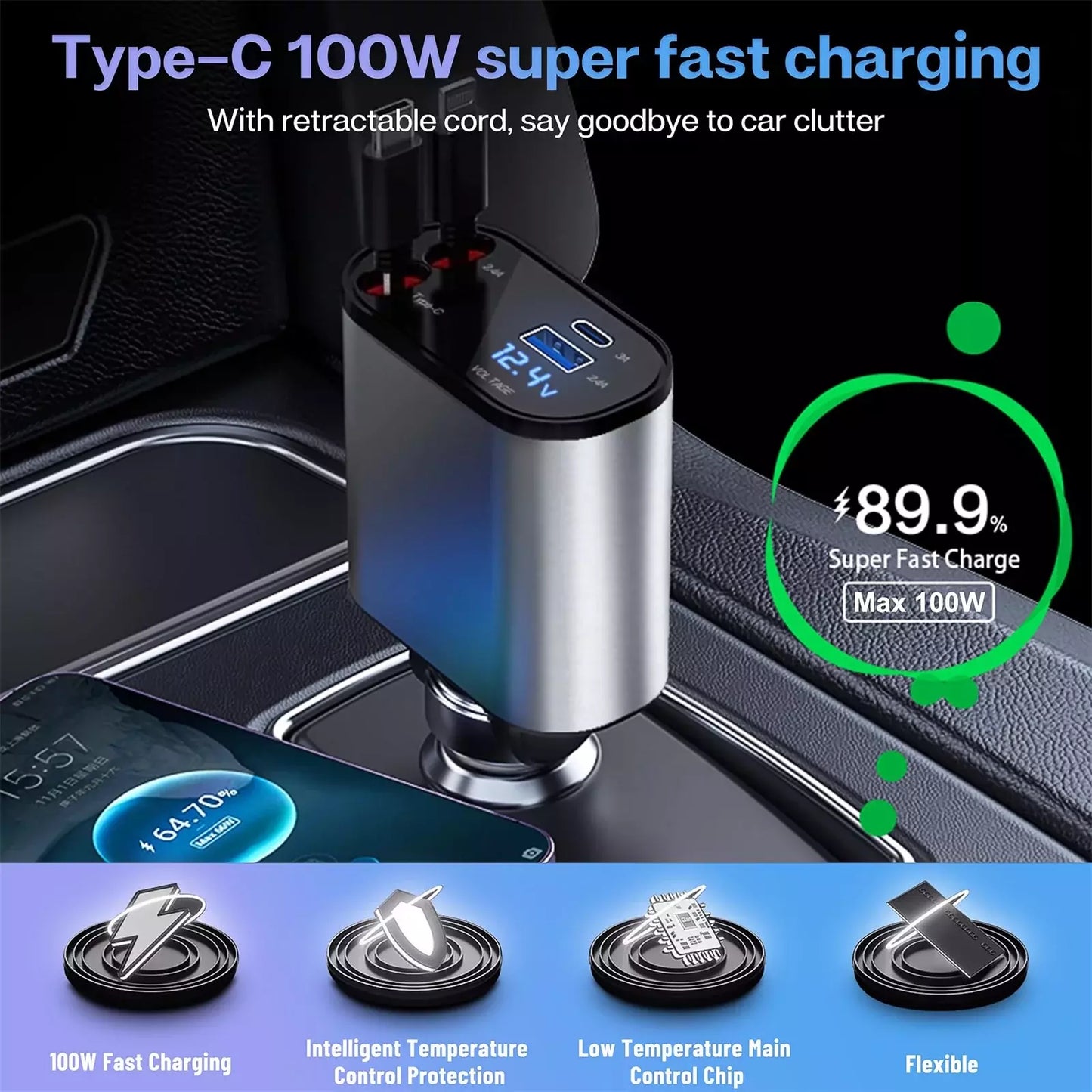 4 in 1 Retractable Car Charger 120W